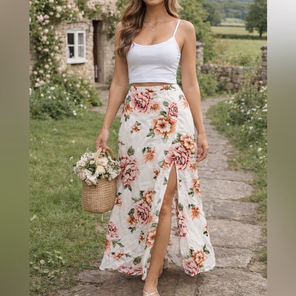 Forever 21 Floral Maxi Skirt | Romantic Cottagecore Slit Skirt | Small
